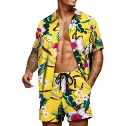 Clearance OUKU Men's Floral Graphic Tropical Flowers 2pcs Shirts Sets Summer Hawaiian Shirt Short Sleeve Short Pants Turndown Designer Beach Vacation Casual Daily 3D Summer Silver Red / White Green / Black