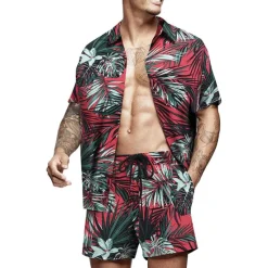 Clearance OUKU Men's Floral Graphic Tropical Flowers 2pcs Shirts Sets Summer Hawaiian Shirt Short Sleeve Short Pants Turndown Designer Beach Vacation Casual Daily 3D Summer Silver Red / White Green / Black
