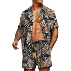 Clearance OUKU Men's Floral Graphic Tropical Flowers 2pcs Shirts Sets Summer Hawaiian Shirt Short Sleeve Short Pants Turndown Designer Beach Vacation Casual Daily 3D Summer Silver Red / White Green / Black