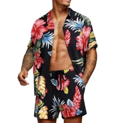 Clearance OUKU Men's Floral Graphic Tropical Flowers 2pcs Shirts Sets Summer Hawaiian Shirt Short Sleeve Short Pants Turndown Designer Beach Vacation Casual Daily 3D Summer Silver Red / White Green / Black
