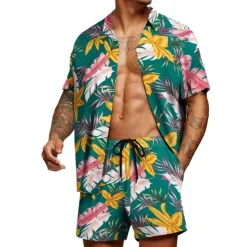 Clearance OUKU Men's Floral Graphic Tropical Flowers 2pcs Shirts Sets Summer Hawaiian Shirt Short Sleeve Short Pants Turndown Designer Beach Vacation Casual Daily 3D Summer Silver Red / White Green / Black