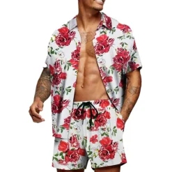Clearance OUKU Men's Floral Graphic Tropical Flowers 2pcs Shirts Sets Summer Hawaiian Shirt Short Sleeve Short Pants Turndown Designer Beach Vacation Casual Daily 3D Summer Silver Red / White Green / Black