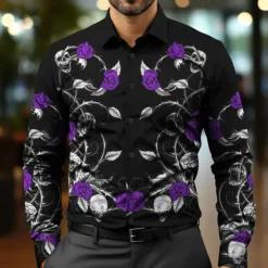 Best OUKU Men's Floral Halloween Costumes Day of the Dead Dress Shirt Button Up Shirt Long Sleeve Casual Business Casual Party Evening Wear Event / Party Daily Fall Winter Spring & Summer Shirt Collar Button
