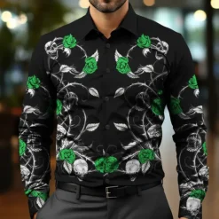 Best OUKU Men's Floral Halloween Costumes Day of the Dead Dress Shirt Button Up Shirt Long Sleeve Casual Business Casual Party Evening Wear Event / Party Daily Fall Winter Spring & Summer Shirt Collar Button