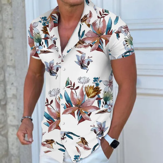 Sale OUKU Men's Floral Hawaiian Aloha Shirt Summer Hawaiian Shirt Button Up Shirt Short Sleeve Fashion Designer Casual Outdoor Casual Daily Spring & Summer Turndown Button-Down Light Yellow Light Pink Black