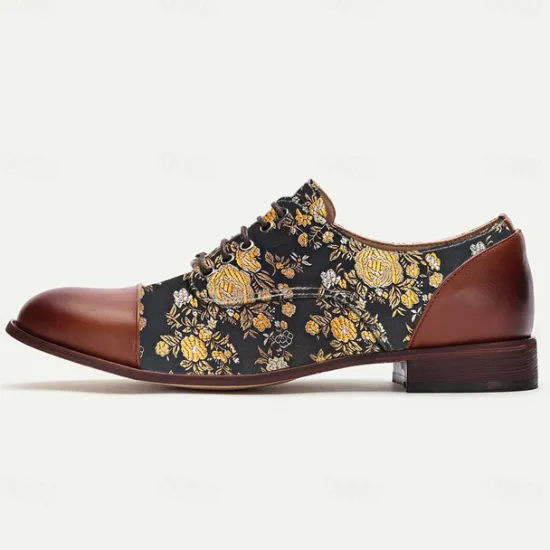 Discount OUKU Men's Floral Jacquard Oxford Shoes with Faux Leather Toe Cap and Heel – Vintage Style Dress Shoes for Formal Events Brown