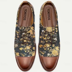 Discount OUKU Men's Floral Jacquard Oxford Shoes with Faux Leather Toe Cap and Heel – Vintage Style Dress Shoes for Formal Events Brown