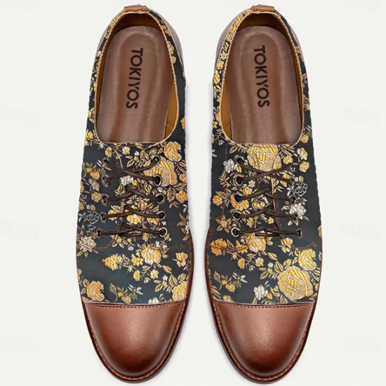 Discount OUKU Men's Floral Jacquard Oxford Shoes with Faux Leather Toe Cap and Heel – Vintage Style Dress Shoes for Formal Events Brown
