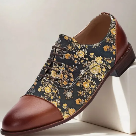 Discount OUKU Men's Floral Jacquard Oxford Shoes with Faux Leather Toe Cap and Heel – Vintage Style Dress Shoes for Formal Events Brown