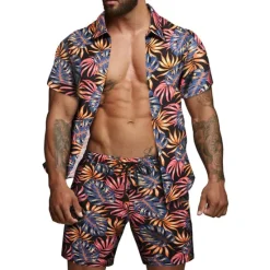 Sale OUKU Men's Floral Leaves Tropical Plants 2pcs Shirts Sets Summer Hawaiian Shirt Short Sleeve Short Pants Turndown Tropical Fashion Hawaiian Street Casual Hawaiian Print Summer Spring Black White Brown