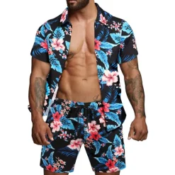 Sale OUKU Men's Floral Leaves Tropical Plants 2pcs Shirts Sets Summer Hawaiian Shirt Short Sleeve Short Pants Turndown Tropical Fashion Hawaiian Street Casual Hawaiian Print Summer Spring Black White Brown