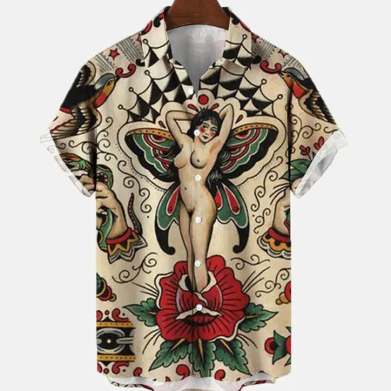 Discount OUKU Men's Floral Mermaid Pirate Shirt Summer Hawaiian Shirt Aloha Shirt Short Sleeves Shirt Turndown Vintage Tropical Fashion Street Casual Hawaiian Apricot Black Yellow S M L