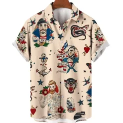 Discount OUKU Men's Floral Mermaid Pirate Shirt Summer Hawaiian Shirt Aloha Shirt Short Sleeves Shirt Turndown Vintage Tropical Fashion Street Casual Hawaiian Apricot Black Yellow S M L