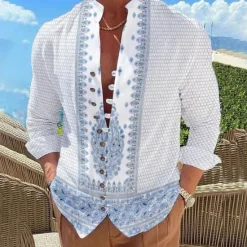 New OUKU Men's Floral Paisley Vintage Shirt Button Up Shirt Long Sleeve Fashion Designer Casual Vacation Daily Going out Fall Autumn / Fall Spring & Summer Stand Collar Print Light Pink Lake blue White Yellow