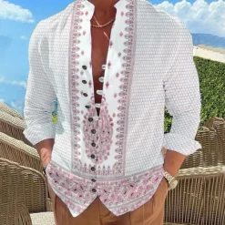 New OUKU Men's Floral Paisley Vintage Shirt Button Up Shirt Long Sleeve Fashion Designer Casual Vacation Daily Going out Fall Autumn / Fall Spring & Summer Stand Collar Print Light Pink Lake blue White Yellow