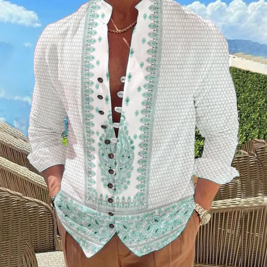 New OUKU Men's Floral Paisley Vintage Shirt Button Up Shirt Long Sleeve Fashion Designer Casual Vacation Daily Going out Fall Autumn / Fall Spring & Summer Stand Collar Print Light Pink Lake blue White Yellow