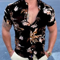 Hot OUKU Men's Floral Palm Leaf Tropical Plants Shirt Summer Hawaiian Shirt Aloha Shirt Short Sleeve Shirt Classic Collar Vintage Designer Sexy Vacation Party Street Black Red Blue S M L