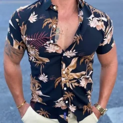 Hot OUKU Men's Floral Palm Leaf Tropical Plants Shirt Summer Hawaiian Shirt Aloha Shirt Short Sleeve Shirt Classic Collar Vintage Designer Sexy Vacation Party Street Black Red Blue S M L