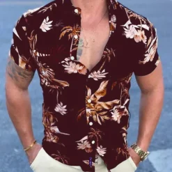 Hot OUKU Men's Floral Palm Leaf Tropical Plants Shirt Summer Hawaiian Shirt Aloha Shirt Short Sleeve Shirt Classic Collar Vintage Designer Sexy Vacation Party Street Black Red Blue S M L