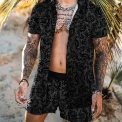 Clearance OUKU Men's Floral 2pcs Shirts Sets Summer Hawaiian Shirt Short Sleeve Short Pants Turndown Tropical Fashion Hawaiian Casual Holiday Beach Print Summer Spring Black White Yellow