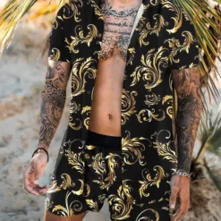 Clearance OUKU Men's Floral 2pcs Shirts Sets Summer Hawaiian Shirt Short Sleeve Short Pants Turndown Tropical Fashion Hawaiian Casual Holiday Beach Print Summer Spring Black White Yellow