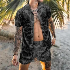 Best OUKU Men's Floral 2pcs Shirts Sets Summer Hawaiian Shirt Short Sleeve Short Pants Turndown Tropical Fashion Hawaiian Casual Holiday Beach Print Summer Spring Black Blue Khaki