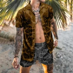 Best OUKU Men's Floral 2pcs Shirts Sets Summer Hawaiian Shirt Short Sleeve Short Pants Turndown Tropical Fashion Hawaiian Casual Holiday Beach Print Summer Spring Black Blue Khaki