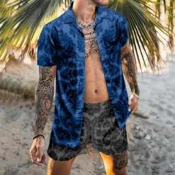 Best OUKU Men's Floral 2pcs Shirts Sets Summer Hawaiian Shirt Short Sleeve Short Pants Turndown Tropical Fashion Hawaiian Casual Holiday Beach Print Summer Spring Black Blue Khaki