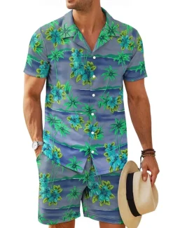 OUKU Men's Floral 2pcs Shirts Sets Summer Tops Short Sleeve Short Pants Turndown Vacation Home Casual Daily 3D Print Summer Robin's Egg Blue Light Green Green