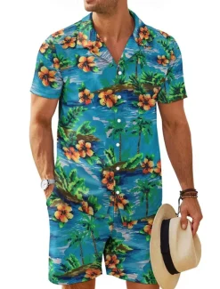 OUKU Men's Floral 2pcs Shirts Sets Summer Tops Short Sleeve Short Pants Turndown Vacation Home Casual Daily 3D Print Summer Robin's Egg Blue Light Green Green