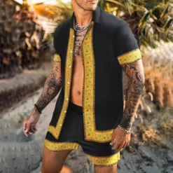 Best OUKU Men's Floral 2pcs Shirts Sets Summer Hawaiian Shirt Short Sleeve Short Pants Turndown Fashion Hawaiian Casual Outdoor Vacation Beach 3D Print Button-Down Summer Spring Gold + Black Black Yellow