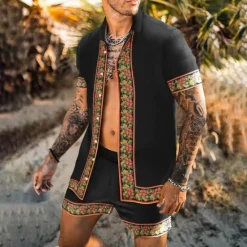 Best OUKU Men's Floral 2pcs Shirts Sets Summer Hawaiian Shirt Short Sleeve Short Pants Turndown Fashion Hawaiian Casual Outdoor Vacation Beach 3D Print Button-Down Summer Spring Gold + Black Black Yellow