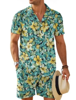 Hot OUKU Men's Floral 2pcs Shirts Sets Shirt Short Sleeve Short Pants Cuban Collar Vacation Casual Daily Vacation Wear 3D Print Summer Robin's Egg Blue Green Brown