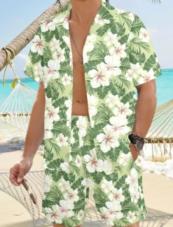 Discount OUKU Men's Floral 2pcs Shirts Sets Summer Hawaiian Shirt Short Sleeve Short Pants Turndown Casual beach vacation Casual Daily Vacation Wear 3D Print Summer Light Pink Green
