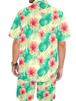 Discount OUKU Men's Floral 2pcs Shirts Sets Summer Hawaiian Shirt Short Sleeve Short Pants Turndown Casual beach vacation Casual Daily Vacation Wear 3D Print Summer Light Pink Green