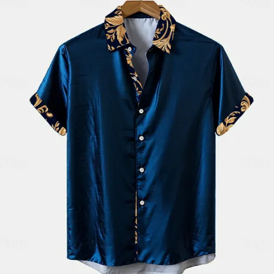 Outlet OUKU Men's Floral Plants Button Up Shirt Short Sleeve Fashion Casual Party Casual Summer Spring Turndown Button Up Black Blue Green