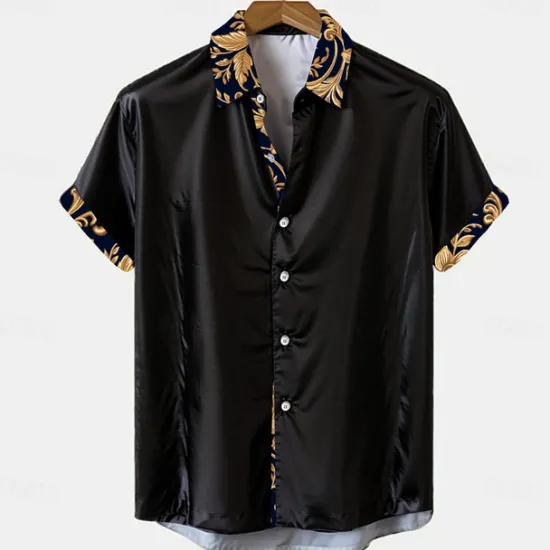 Outlet OUKU Men's Floral Plants Button Up Shirt Short Sleeve Fashion Casual Party Casual Summer Spring Turndown Button Up Black Blue Green