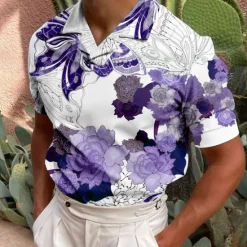 OUKU Men's Floral Polo Shirts Hawaiian Polo Shirts Golf Shirt Short Sleeve Shirt Turndown Casual Daily 3D Print Blue Purple Brown Green Print Button-Down Clothing Apparel Fashion Designer Casual Breathable