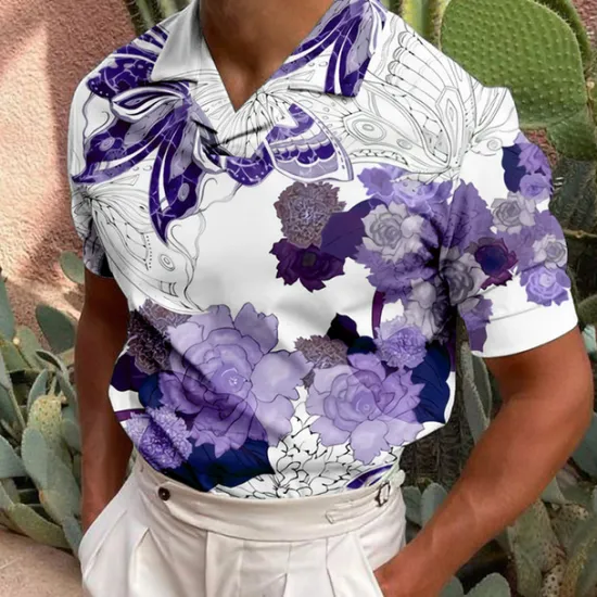 OUKU Men's Floral Polo Shirts Hawaiian Polo Shirts Golf Shirt Short Sleeve Shirt Turndown Casual Daily 3D Print Blue Purple Brown Green Print Button-Down Clothing Apparel Fashion Designer Casual Breathable