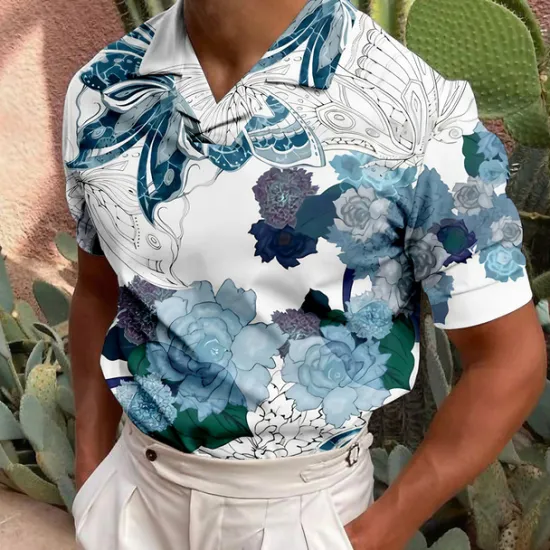 OUKU Men's Floral Polo Shirts Hawaiian Polo Shirts Golf Shirt Short Sleeve Shirt Turndown Casual Daily 3D Print Blue Purple Brown Green Print Button-Down Clothing Apparel Fashion Designer Casual Breathable