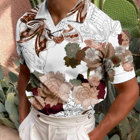 OUKU Men's Floral Polo Shirts Hawaiian Polo Shirts Golf Shirt Short Sleeve Shirt Turndown Casual Daily 3D Print Blue Purple Brown Green Print Button-Down Clothing Apparel Fashion Designer Casual Breathable