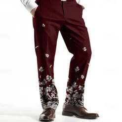 Hot OUKU Men's Floral Print Dress Pants Trousers Mid Waist Business Casual Wedding Holiday Dads Day Gifts Flat-Front Straight Leg Trousers Summer Spring Fall 3D Print Black Wine Blue