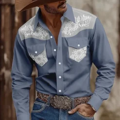 Sale OUKU Men's Floral Print Ethnic Flowers Shirt Western Shirt Cowboy Shirt Long Sleeve Vintage Retro Outdoor Casual WorkWear Summer Spring Fall Turndown Front Two Pockets Button Up Shirts Light Pink Brown
