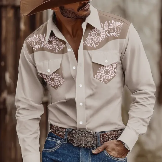 Sale OUKU Men's Floral Print Ethnic Flowers Shirt Western Shirt Cowboy Shirt Long Sleeve Vintage Retro Outdoor Casual WorkWear Summer Spring Fall Turndown Front Two Pockets Button Up Shirts Light Pink Brown