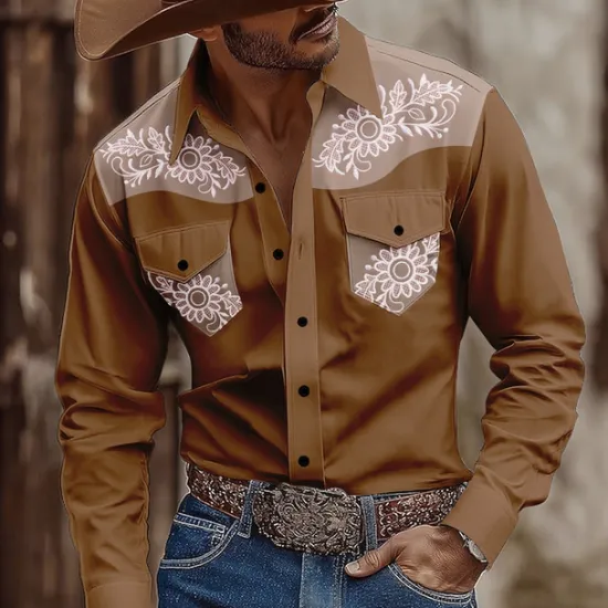 Sale OUKU Men's Floral Print Ethnic Flowers Shirt Western Shirt Cowboy Shirt Long Sleeve Vintage Retro Outdoor Casual WorkWear Summer Spring Fall Turndown Front Two Pockets Button Up Shirts Light Pink Brown