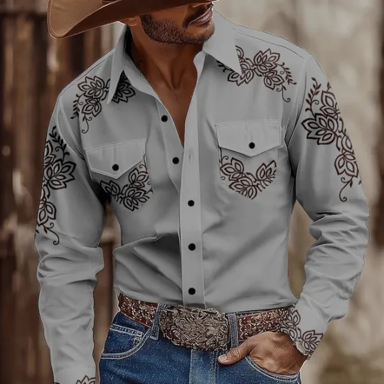 Hot OUKU Men's Floral Print Ethnic Flowers Shirt Western Shirt Cowboy Shirt Long Sleeve Vintage Retro Outdoor Casual WorkWear Summer Spring Fall Turndown Front Two Pockets Button Up Shirts Khaki Gray