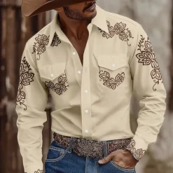 Hot OUKU Men's Floral Print Ethnic Flowers Shirt Western Shirt Cowboy Shirt Long Sleeve Vintage Retro Outdoor Casual WorkWear Summer Spring Fall Turndown Front Two Pockets Button Up Shirts Khaki Gray