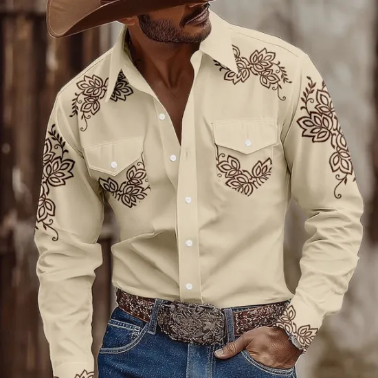 Hot OUKU Men's Floral Print Ethnic Flowers Shirt Western Shirt Cowboy Shirt Long Sleeve Vintage Retro Outdoor Casual WorkWear Summer Spring Fall Turndown Front Two Pockets Button Up Shirts Khaki Gray