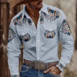 Best OUKU Men's Floral Print Ethnic Flowers Shirt Western Shirt Cowboy Shirt Long Sleeve Vintage Retro Outdoor Casual WorkWear Spring Fall Turndown Front Two Pockets Button Up Shirts Light Khaki Black Blue