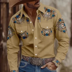Best OUKU Men's Floral Print Ethnic Flowers Shirt Western Shirt Cowboy Shirt Long Sleeve Vintage Retro Outdoor Casual WorkWear Spring Fall Turndown Front Two Pockets Button Up Shirts Light Khaki Black Blue